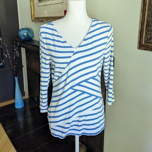Talbots Medium Petite Blue & White Diagonal Striped V-neck Stretch Blouse Top 94